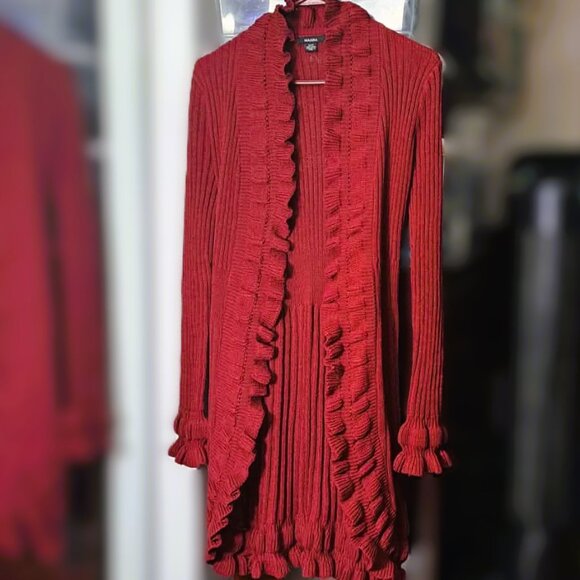 Ruffled Open-Front Long Cardigan Sweater w/ Matching Tie-front or Tie-back Belt - Picture 5 of 5